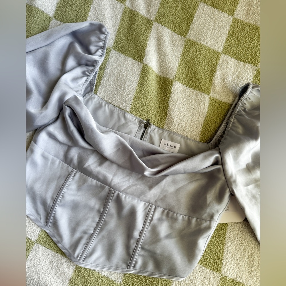 Satin cropped light blue long sleeve top